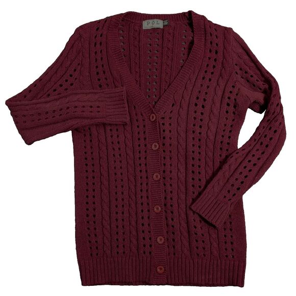 POL Open Knit Cardigan Women's Large Burgundy 100% Cotton V neck Twee - Picture 2 of 8